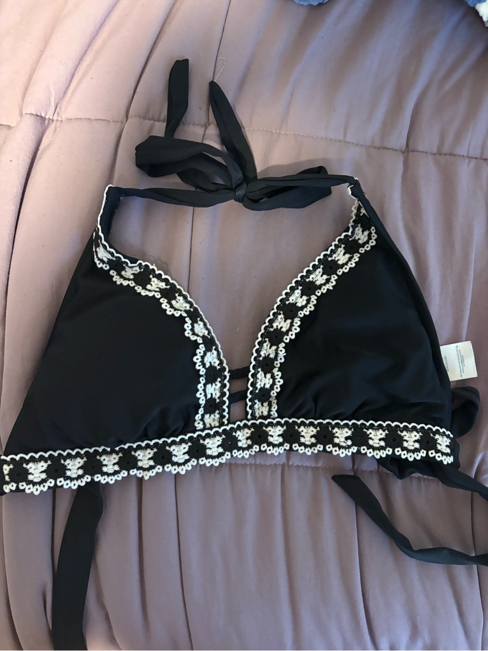 Kona Sol Black Bikini Top with White Crochet Trim
